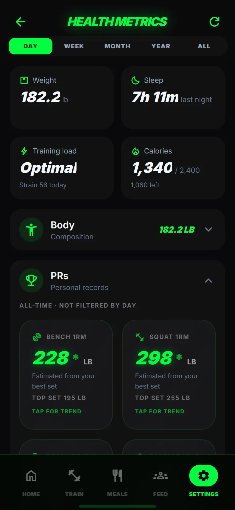 Health metrics screen