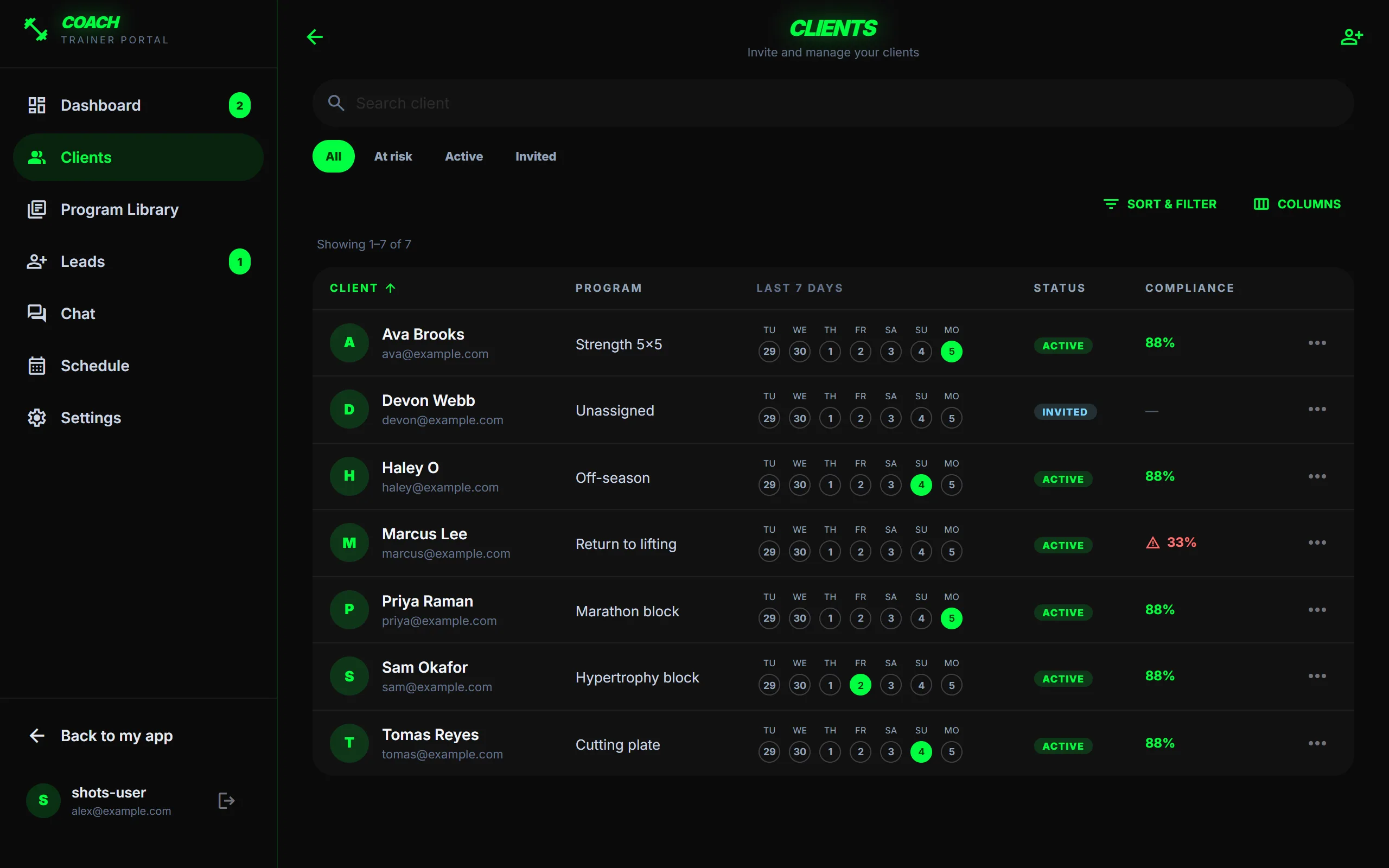 Trainer portal clients view